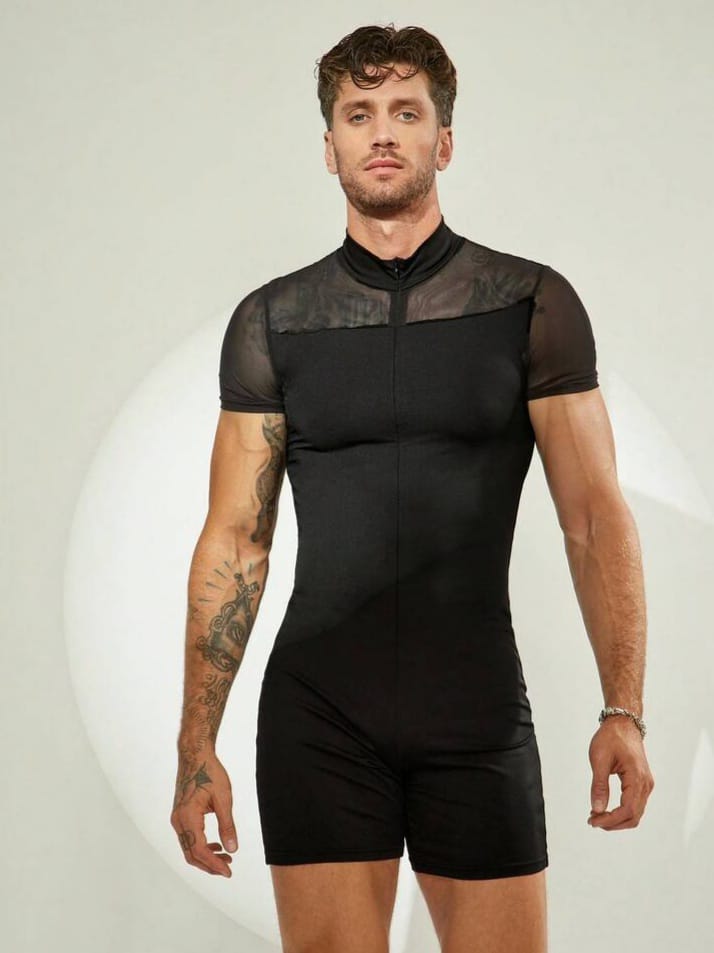 UPTOWN-FUNKY Mesh Men's Patchwork Elastic Romper